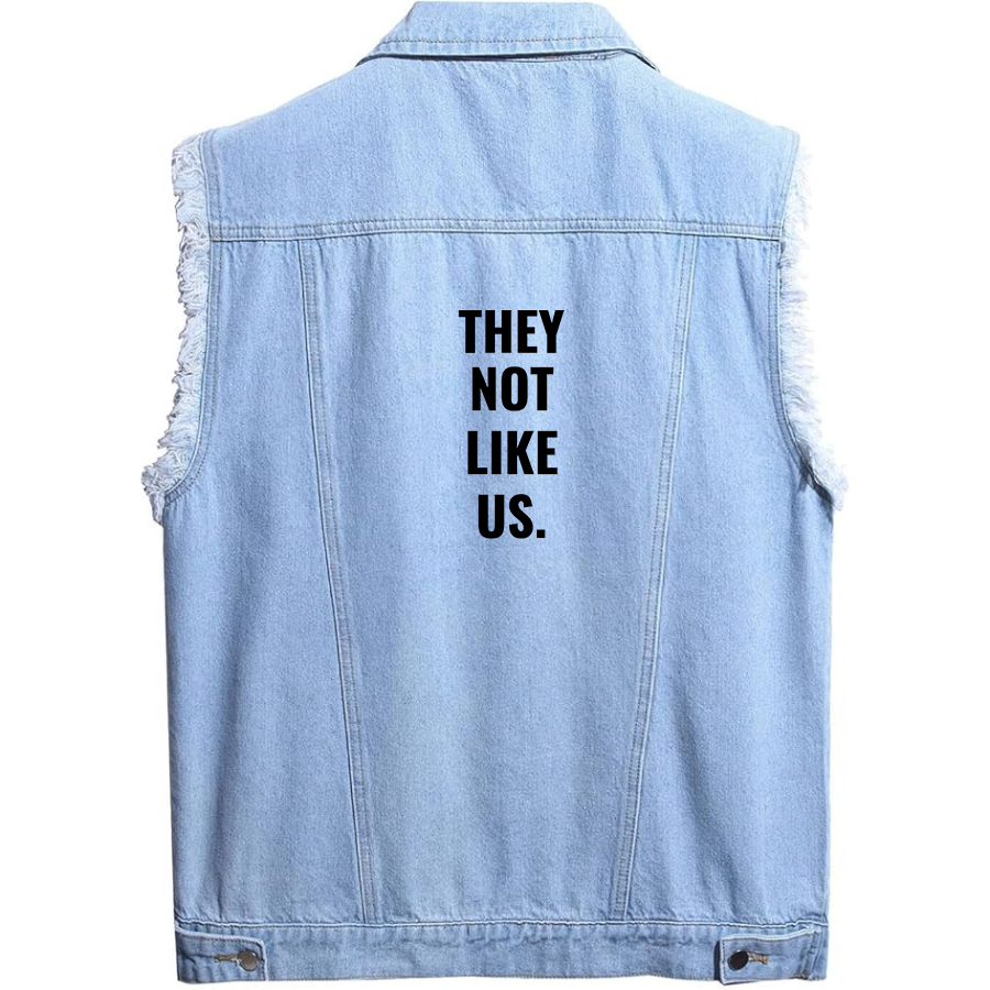 Men's They not like us Sleeveless Distressed Denim Vest Rugged Black Jean Jacket