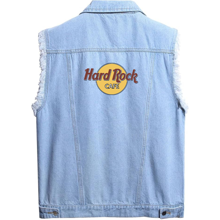 Men's Hard Rock Cafe Sleeveless Distressed Denim Vest Rugged Black Jean Jacket