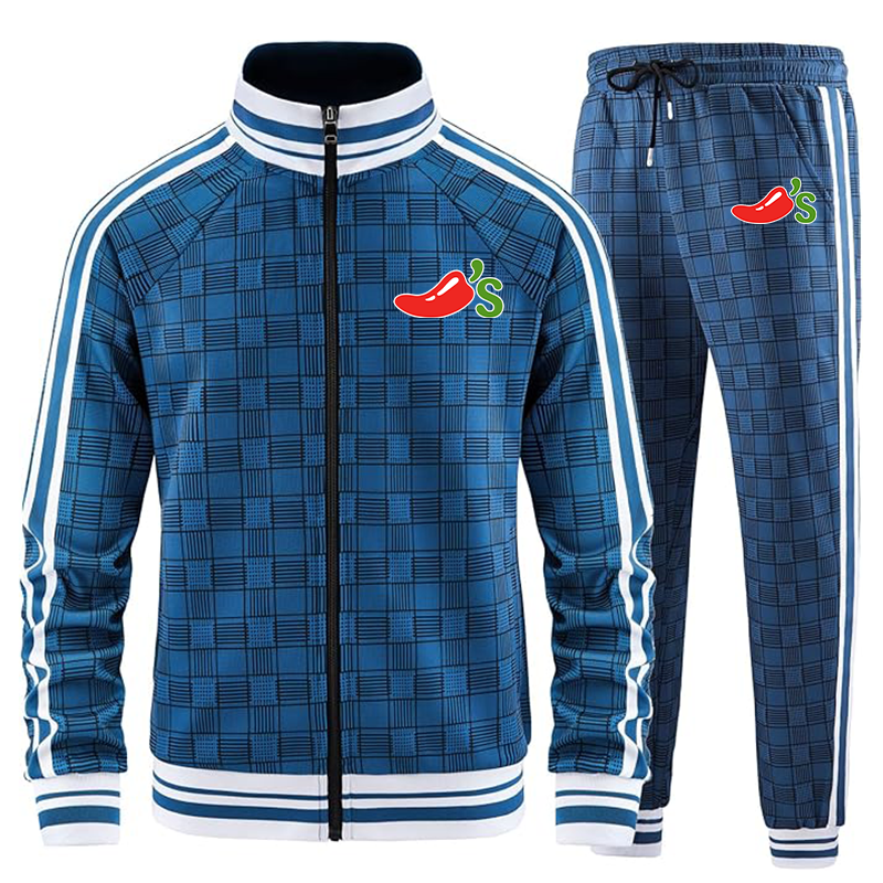 Men's Chilis Tracksuits Full-zip Long Sleeve Plaid Track Jackets and Pants 2 Piece