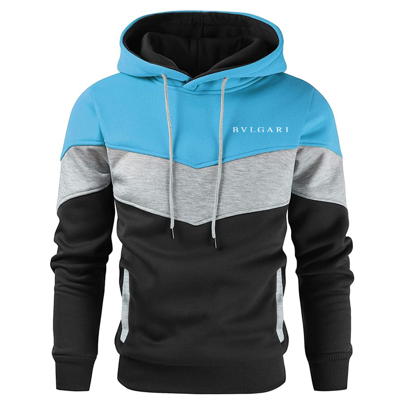 Men's BVLGARI Gesean Novelty Color Block Pullover Fleece Hoodie Long Sleeve Casual Sweatshirt with Pocket