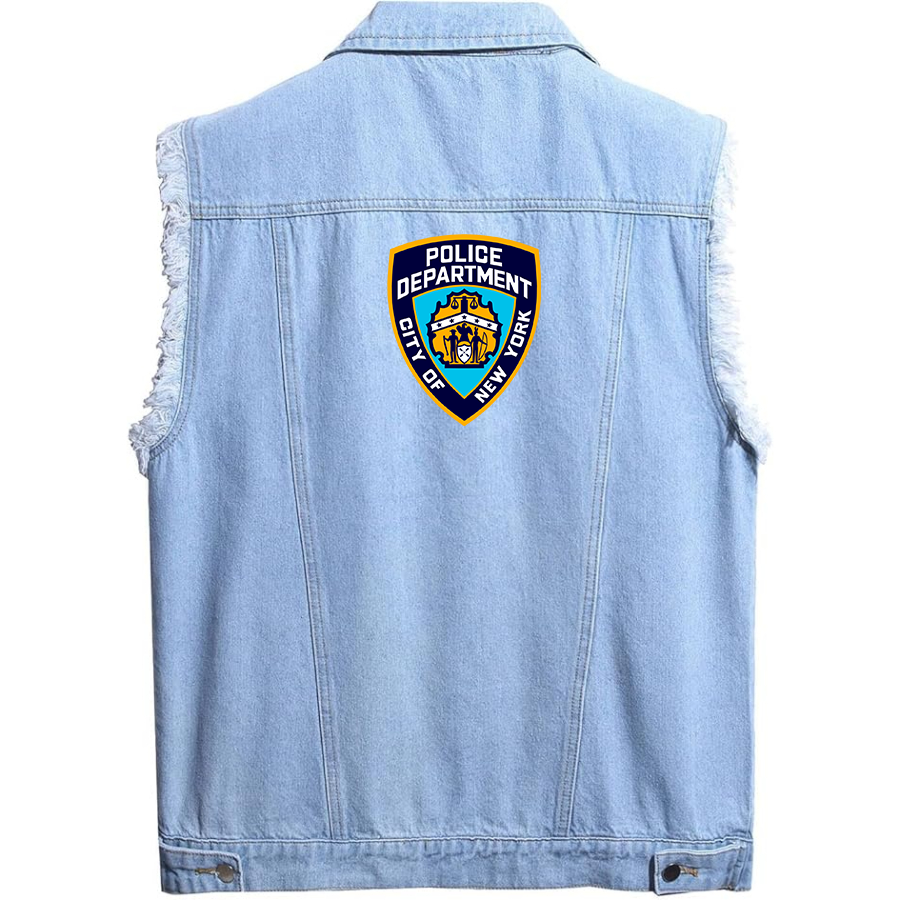 Men's NYPD Sleeveless Distressed Denim Vest Rugged Black Jean Jacket