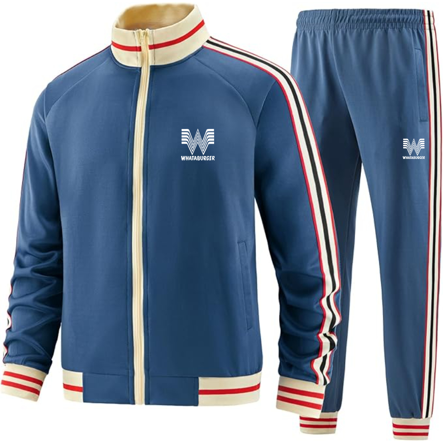 Men's  What A Burger Two-Piece Designer Tracksuit with Bold Striped Accents and Zippered Front Elevated Athletic Wear