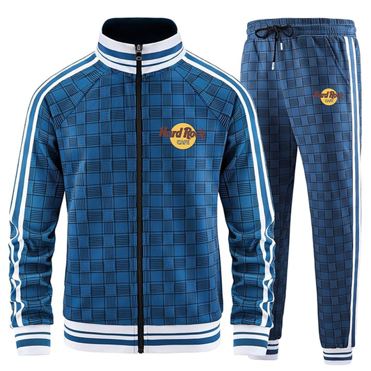 Men's Hard Rock Cafe Tracksuits Full-zip Long Sleeve Plaid Track Jackets and Pants 2 Piece