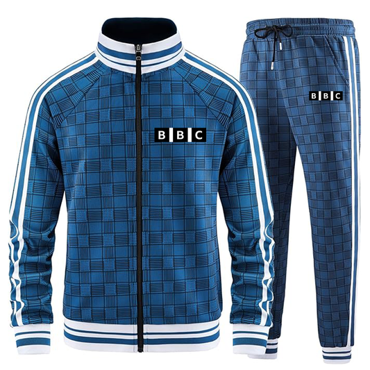 Men's BBC Tracksuits Full-zip Long Sleeve Plaid Track Jackets and Pants 2 Piece