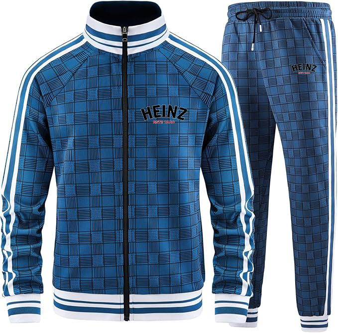 Men's HEINZ Tracksuits Full-zip Long Sleeve Plaid Track Jackets and Pants 2 Piece