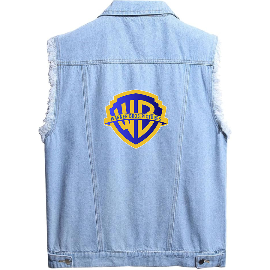 Men's Warner Bros Sleeveless Distressed Denim Vest Rugged Black Jean Jacket