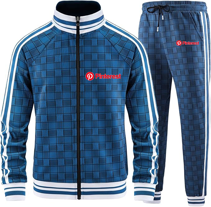 Men's Pinterest Tracksuits Full-zip Long Sleeve Plaid Track Jackets and Pants 2 Piece