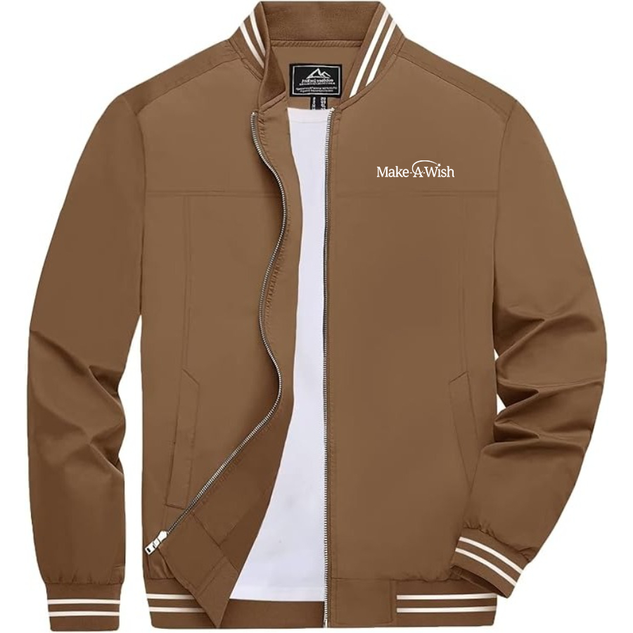 Men's Make-A-Wish Lightweight Zip-Up Bomber Jacket with Ribbed Collar and Cuffs Versatile Casual Outerwear