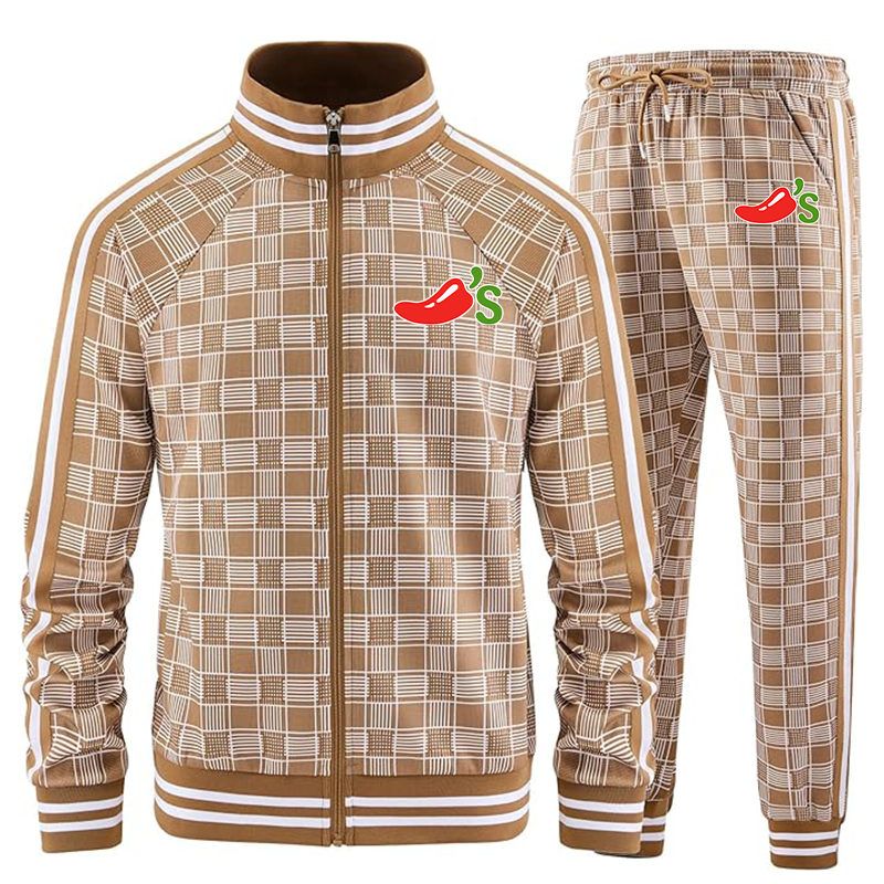Men's Chilis Tracksuits Full-zip Long Sleeve Plaid Track Jackets and Pants 2 Piece