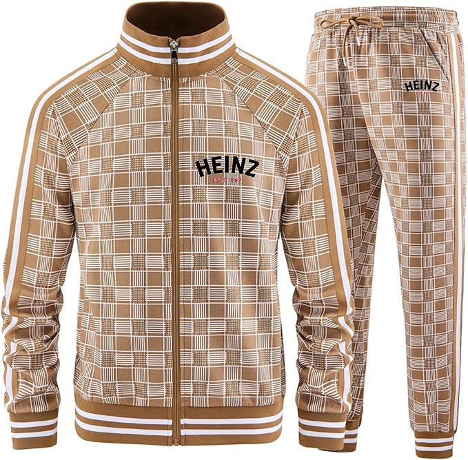 Men's HEINZ Tracksuits Full-zip Long Sleeve Plaid Track Jackets and Pants 2 Piece