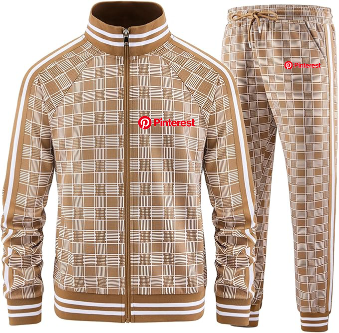 Men's Pinterest Tracksuits Full-zip Long Sleeve Plaid Track Jackets and Pants 2 Piece