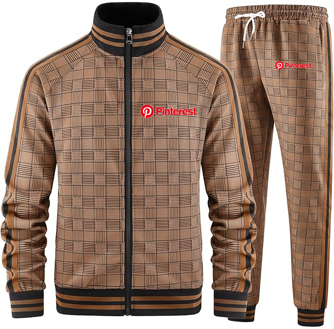 Men's Pinterest Tracksuits Full-zip Long Sleeve Plaid Track Jackets and Pants 2 Piece