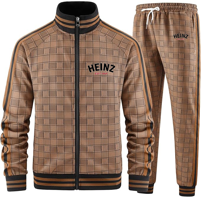 Men's HEINZ Tracksuits Full-zip Long Sleeve Plaid Track Jackets and Pants 2 Piece