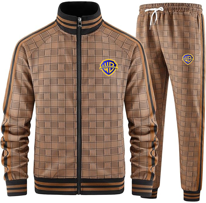 Men's Warner Bros  Tracksuits Full-zip Long Sleeve Plaid Track Jackets and Pants 2 Piece