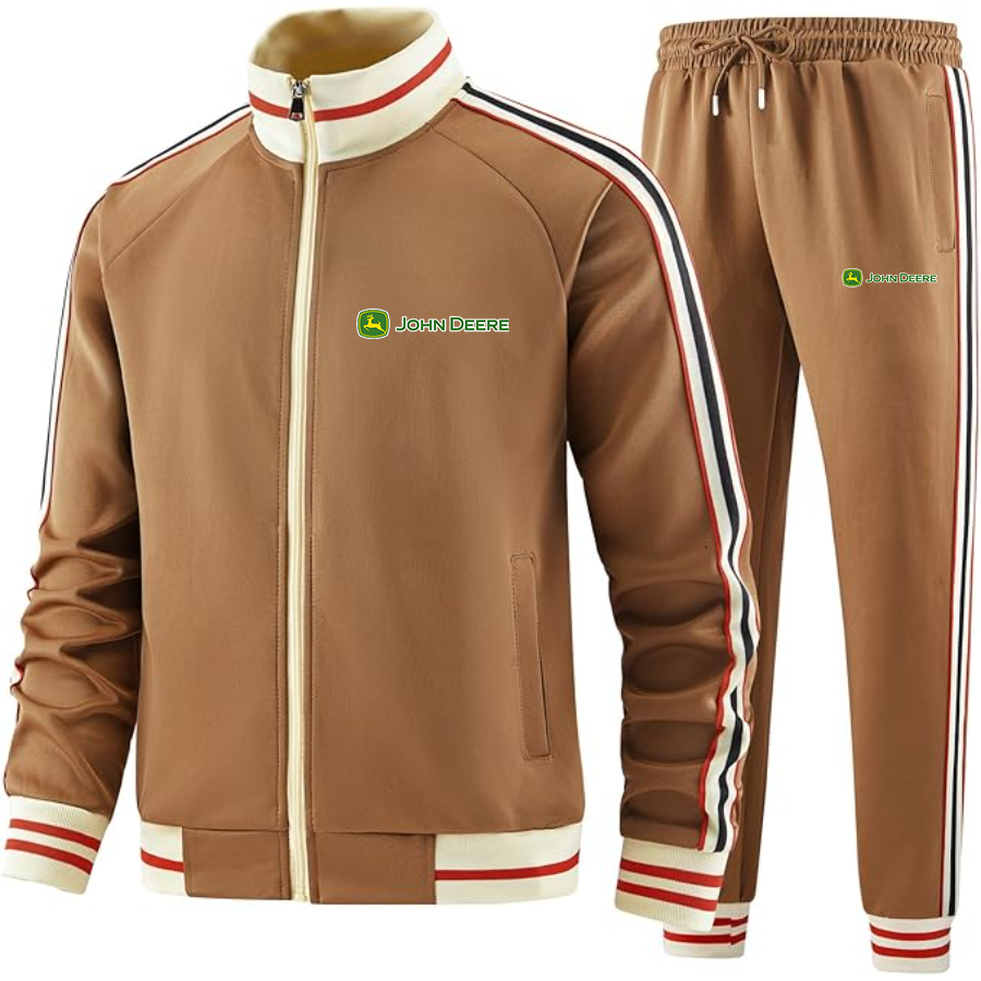 Men's John Deere Two-Piece Designer Tracksuit with Bold Striped Accents and Zippered Front Elevated Athletic Wear