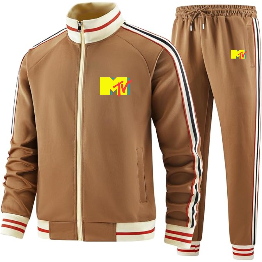 Men's M.T.V Two-Piece Designer Tracksuit with Bold Striped Accents and Zippered Front Elevated Athletic Wear