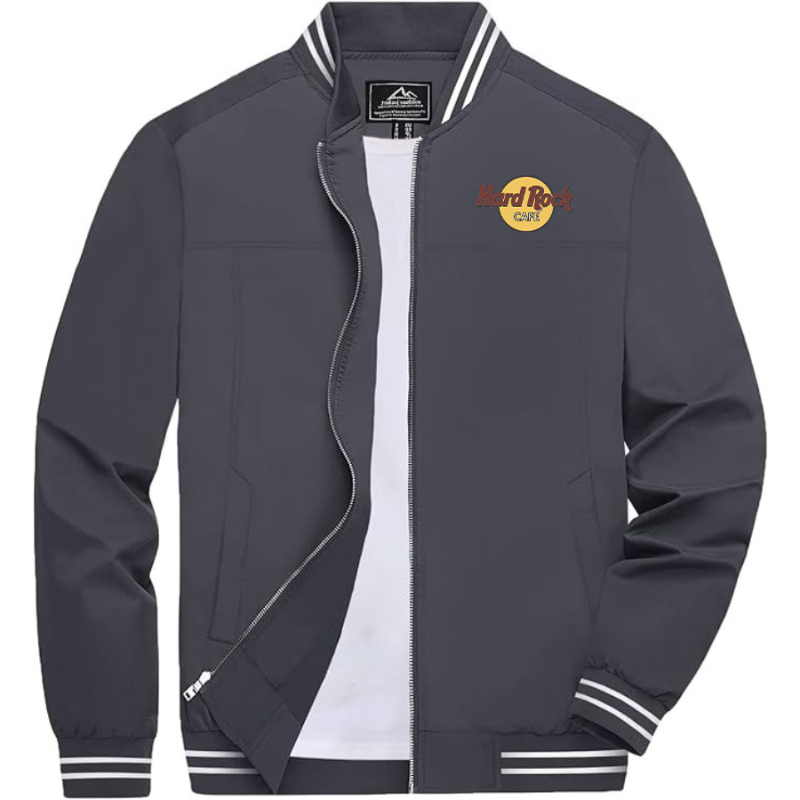 Men's Hard Rock Cafe Lightweight Zip-Up Bomber Jacket with Ribbed Collar and Cuffs Versatile Casual Outerwear
