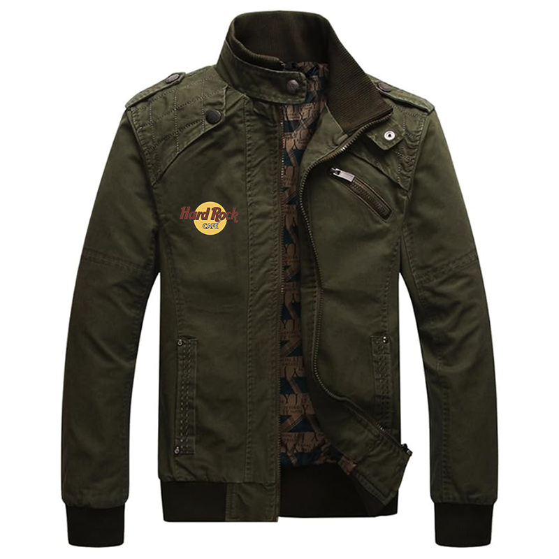 Men's Hard Rock Cafe Dwar Casual Washed Cotton Military Outdoor Jackets with Shoulder Straps