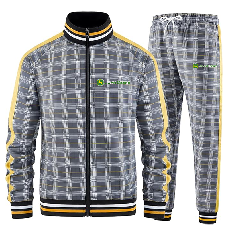 Men's John Deere Tracksuits Full-zip Long Sleeve Plaid Track Jackets and Pants 2 Piece