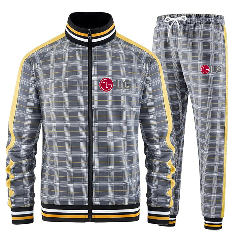 Men's LG Tracksuits Full-zip Long Sleeve Plaid Track Jackets and Pants 2 Piece