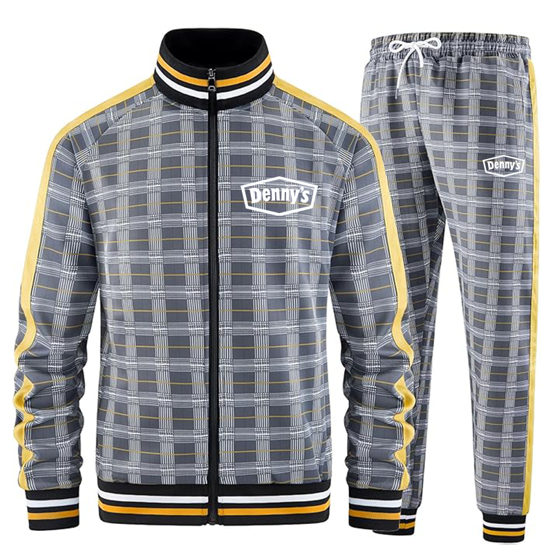 Men's Dennys Tracksuits Full-zip Long Sleeve Plaid Track Jackets and Pants 2 Piece
