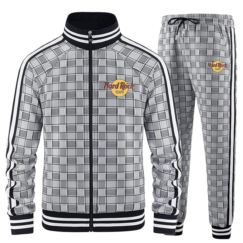 Men's Hard Rock Cafe Tracksuits Full-zip Long Sleeve Plaid Track Jackets and Pants 2 Piece