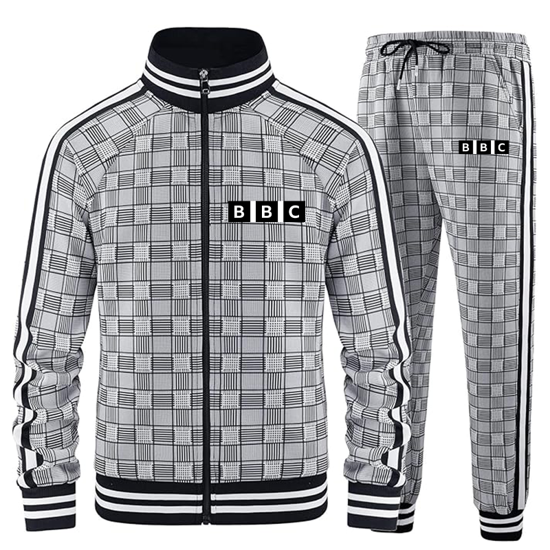 Men's BBC Tracksuits Full-zip Long Sleeve Plaid Track Jackets and Pants 2 Piece
