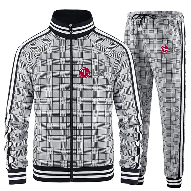 Men's LG Tracksuits Full-zip Long Sleeve Plaid Track Jackets and Pants 2 Piece