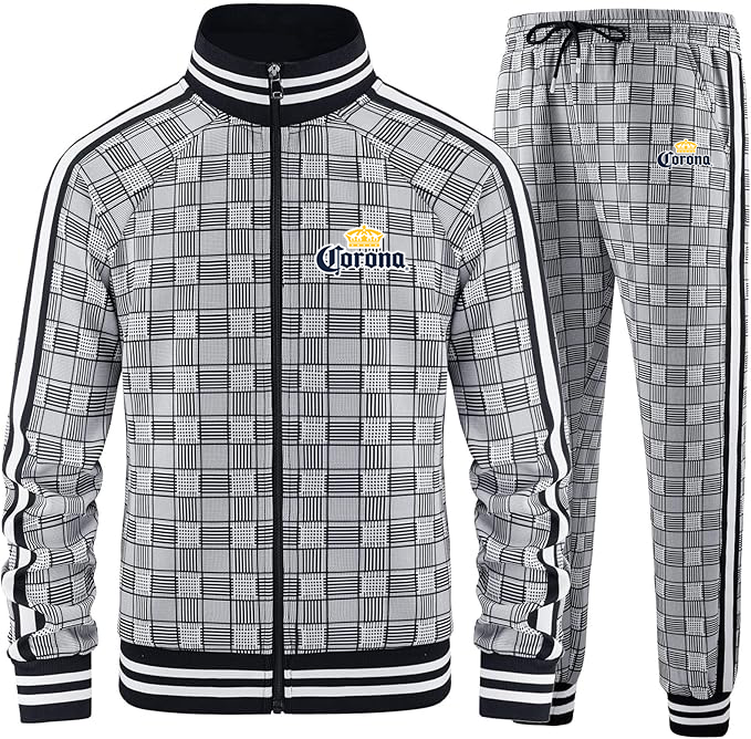 Men's Corona Tracksuits Full-zip Long Sleeve Plaid Track Jackets and Pants 2 Piece