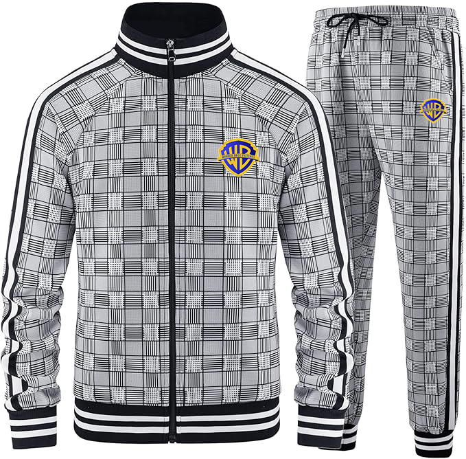 Men's Warner Bros  Tracksuits Full-zip Long Sleeve Plaid Track Jackets and Pants 2 Piece
