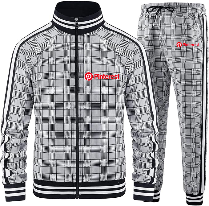 Men's Pinterest Tracksuits Full-zip Long Sleeve Plaid Track Jackets and Pants 2 Piece