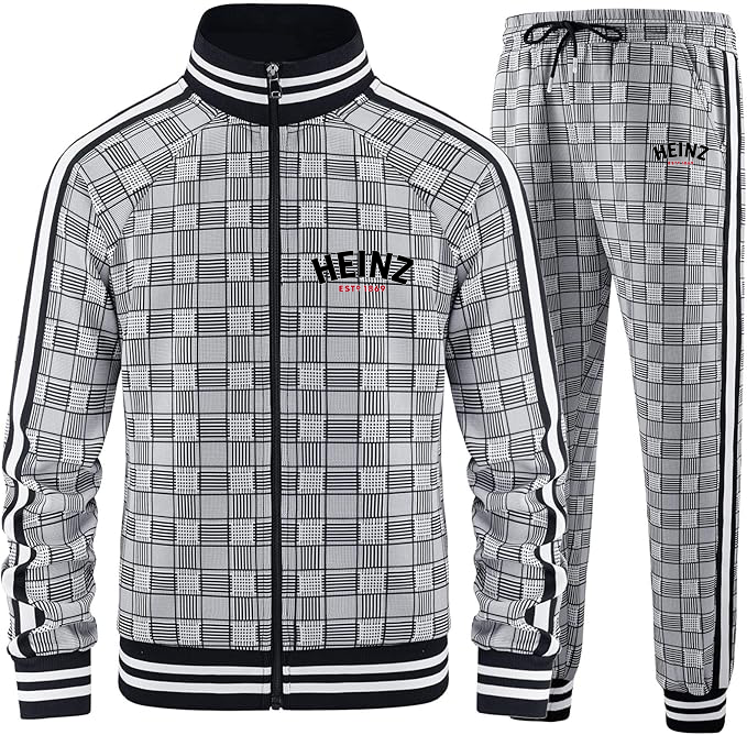 Men's HEINZ Tracksuits Full-zip Long Sleeve Plaid Track Jackets and Pants 2 Piece