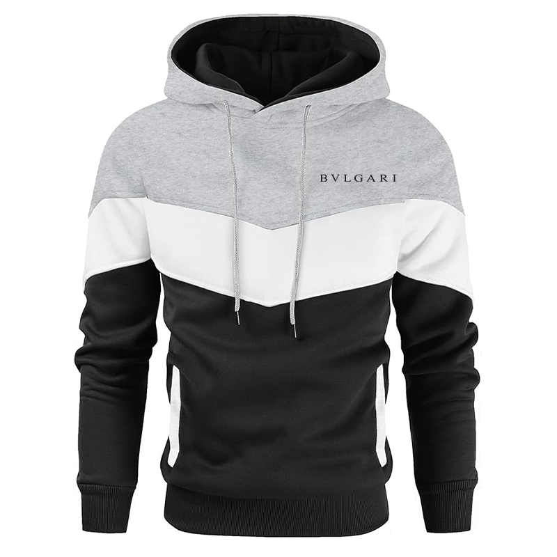 Men's BVLGARI Gesean Novelty Color Block Pullover Fleece Hoodie Long Sleeve Casual Sweatshirt with Pocket