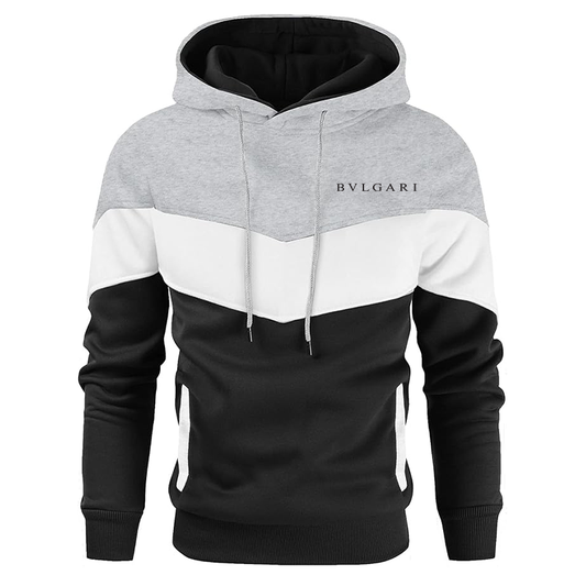 Men's BVLGARI Gesean Novelty Color Block Pullover Fleece Hoodie Long Sleeve Casual Sweatshirt with Pocket