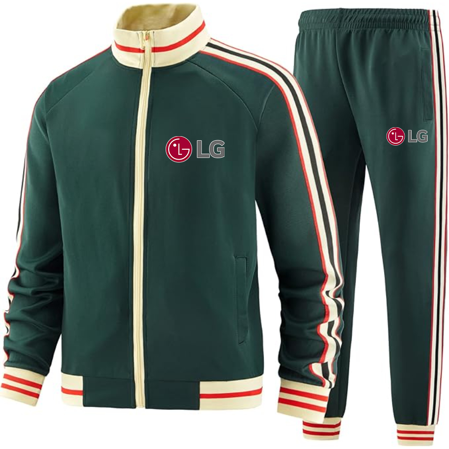 Men's  LG Two-Piece Designer Tracksuit with Bold Striped Accents and Zippered Front Elevated Athletic Wear