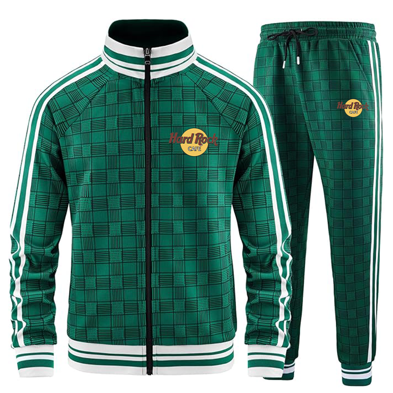 Men's Hard Rock Cafe Tracksuits Full-zip Long Sleeve Plaid Track Jackets and Pants 2 Piece