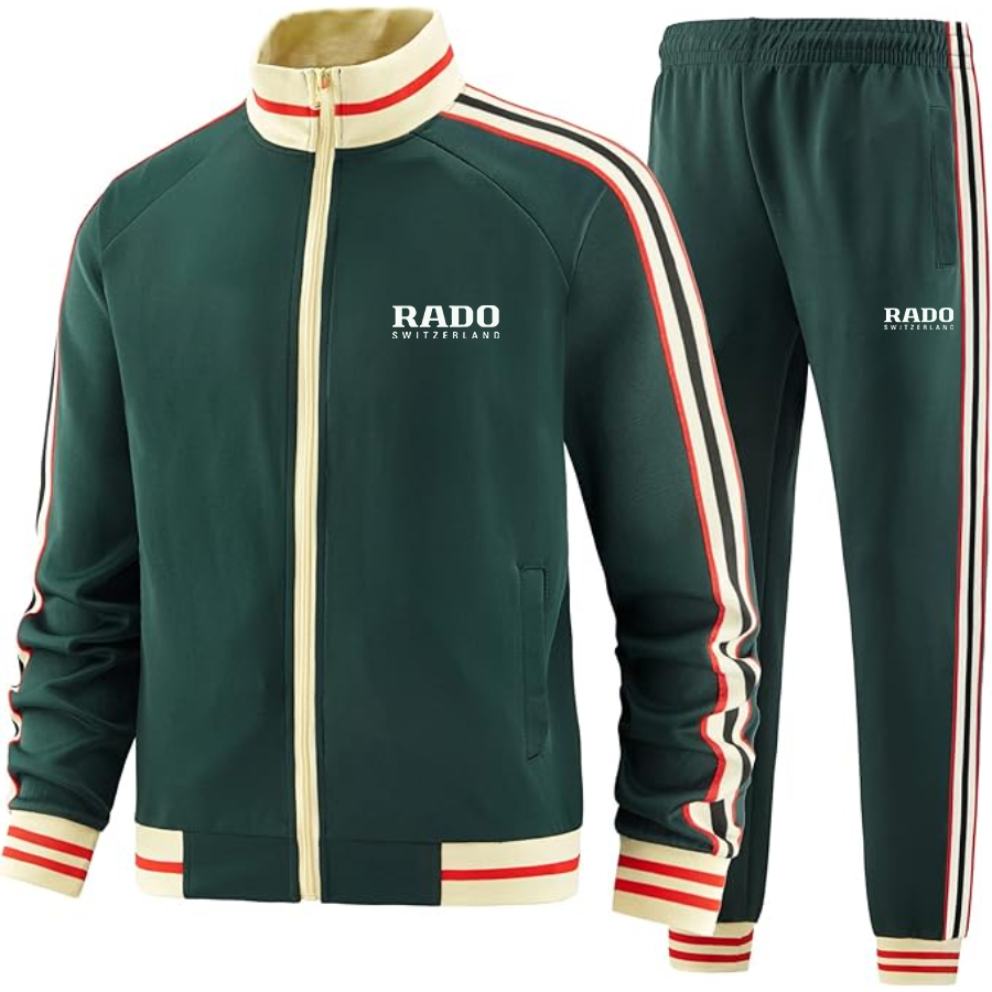 Men's  Rado Two-Piece Designer Tracksuit with Bold Striped Accents and Zippered Front Elevated Athletic Wear