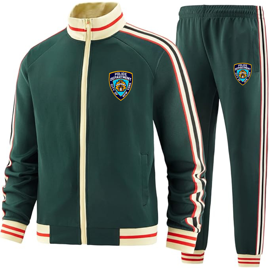 Men's  NYPD Two-Piece Designer Tracksuit with Bold Striped Accents and Zippered Front Elevated Athletic Wear