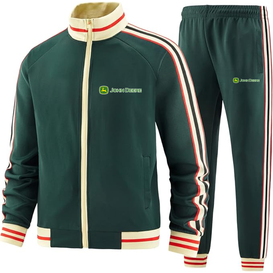 Men's John Deere Two-Piece Designer Tracksuit with Bold Striped Accents and Zippered Front Elevated Athletic Wear