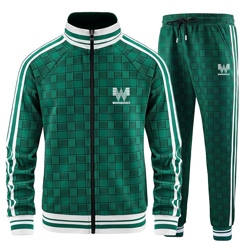 Men's What A Burger Tracksuits Full-zip Long Sleeve Plaid Track Jackets and Pants 2 Piece