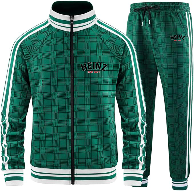 Men's HEINZ Tracksuits Full-zip Long Sleeve Plaid Track Jackets and Pants 2 Piece
