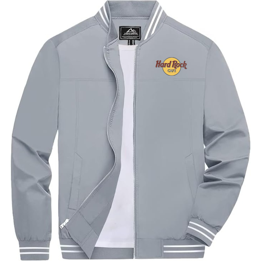 Men's Hard Rock Cafe Lightweight Zip-Up Bomber Jacket with Ribbed Collar and Cuffs Versatile Casual Outerwear
