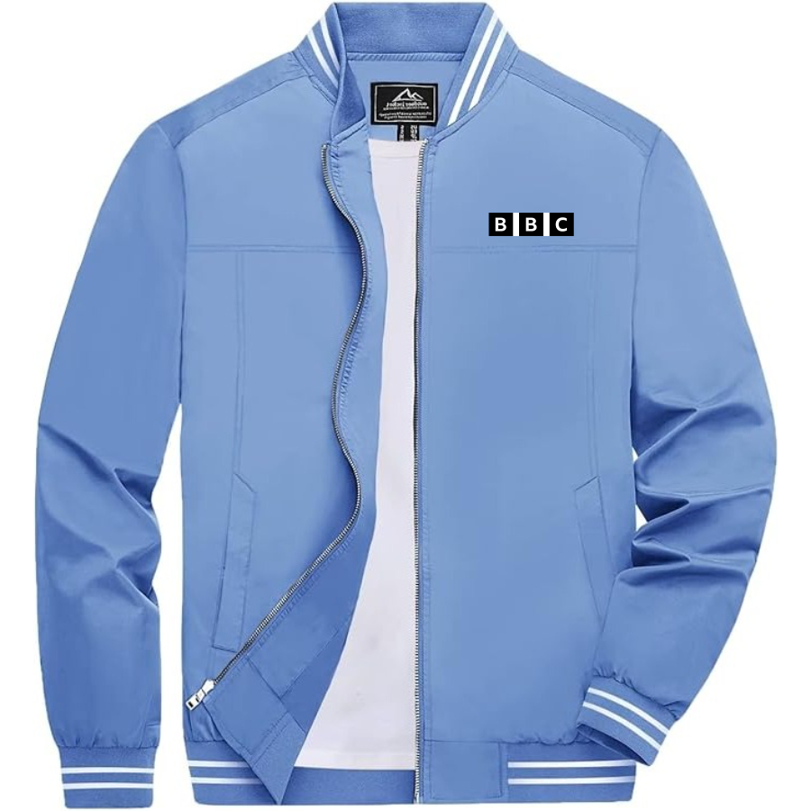 Men's BBC Lightweight Zip-Up Bomber Jacket with Ribbed Collar and Cuffs Versatile Casual Outerwear