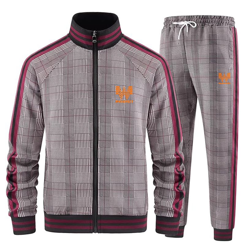 Men's What A Burger Tracksuits Full-zip Long Sleeve Plaid Track Jackets and Pants 2 Piece