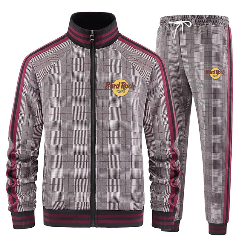 Men's Hard Rock Cafe Tracksuits Full-zip Long Sleeve Plaid Track Jackets and Pants 2 Piece