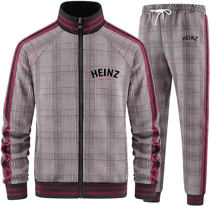 Men's HEINZ Tracksuits Full-zip Long Sleeve Plaid Track Jackets and Pants 2 Piece