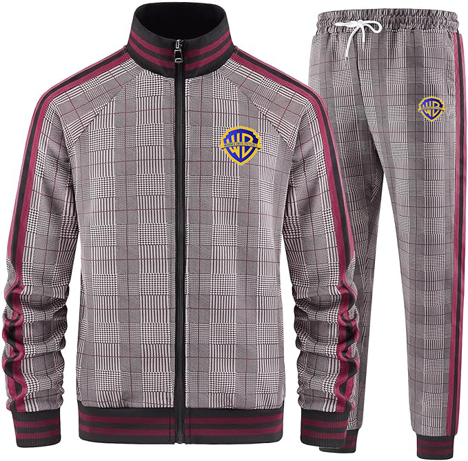 Men's Warner Bros  Tracksuits Full-zip Long Sleeve Plaid Track Jackets and Pants 2 Piece