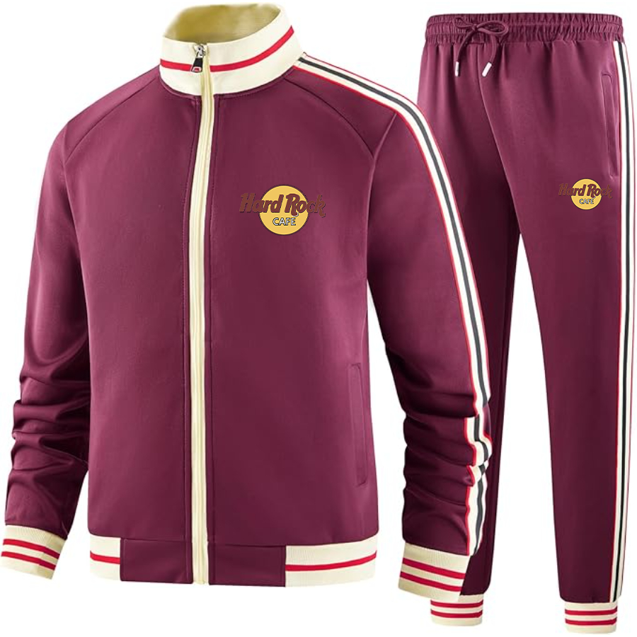 Men's Hard Rock Cafe  Two-Piece Designer Tracksuit with Bold Striped Accents and Zippered Front Elevated Athletic Wear