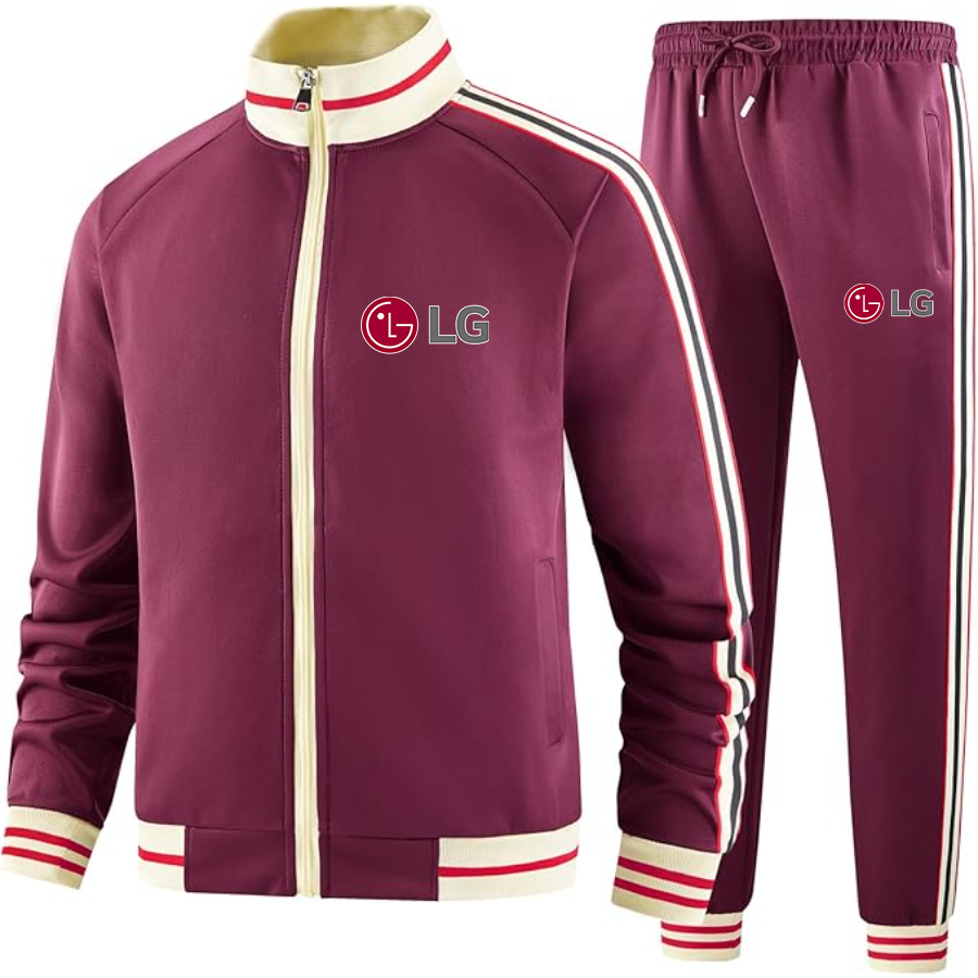 Men's  LG Two-Piece Designer Tracksuit with Bold Striped Accents and Zippered Front Elevated Athletic Wear