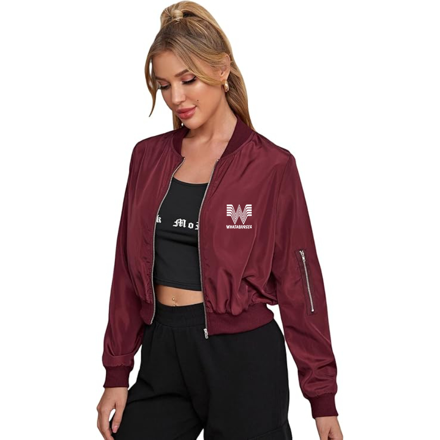 Women's What A Burger Lightweight Bomber Biker Jacket Zip up Windbreaker Crop Bomber Jacket Coat